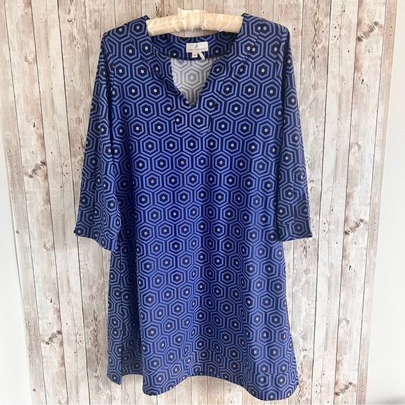 Jude Connally Stretchy Performance Geometric Blue Dress Large - Picture 1 of 4